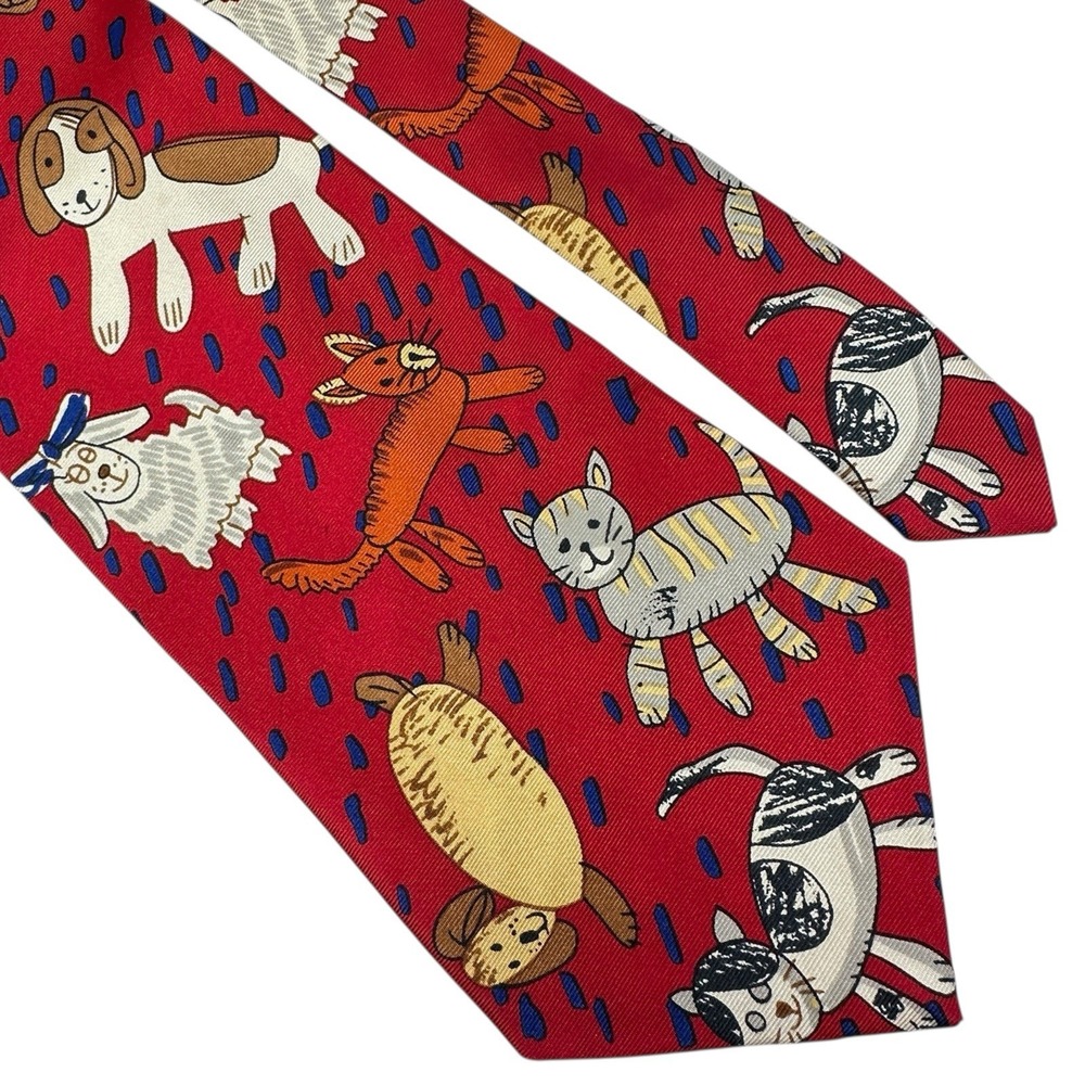 Save the Children Red Novelty Cats Dogs Animal‎ Silk Necktie Men's Vintage 58"